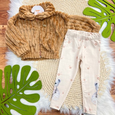 Conj. Jaqueta de Pelinho e Calça Legging Ursinhas - Marrom e Areia